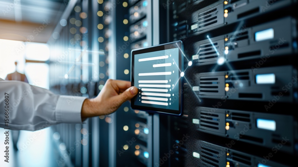 Aufkleber data management action in a server room technology environment digital interaction concept