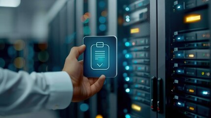 Data management action in server room technology sector digital interface corporate environment close-up view innovation concept