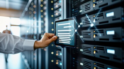 Data management action in a server room technology environment digital interaction concept
