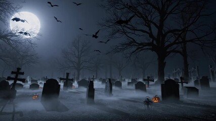 spooky scary night view of cemetery under full moon with bats flying over the graves. graveyard scene. happy halloween video backgrounds. Seamless looping animated background - Powered by Adobe