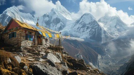 Mountain hut nestled in the Himalayas.  Colorful prayer flags adorn the structure, situated on a rocky incline with snow-capped peaks in the background