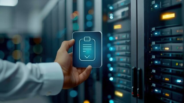Data management action in server room technology sector digital interface corporate environment close-up view innovation concept