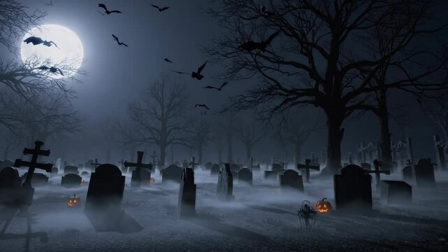 spooky scary night view of cemetery under full moon with bats flying over the graves. graveyard scene. happy halloween video backgrounds. Seamless looping animated background