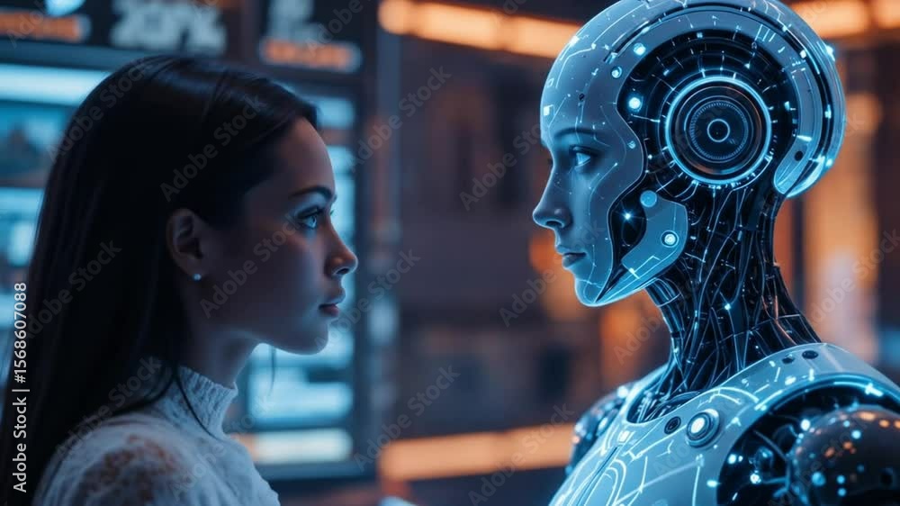 Aufkleber ai humanoid hologram robot shares knowledge with human {female} during singularity symbolizing agent