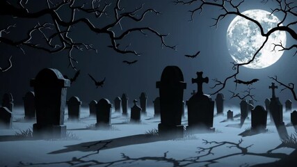 spooky scary night view of cemetery under full moon with bats flying over the graves. graveyard scene. happy halloween video backgrounds. Seamless looping animated background