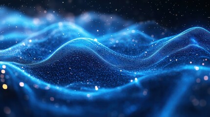 Abstract glowing blue particle waves create a futuristic aesthetic landscape