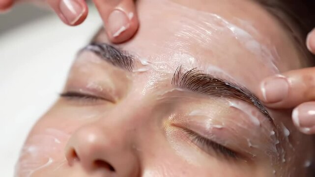 Young Woman Receiving Eyebrow Lamination Treatment in a Beauty Salon with Cream Application on Her Face and Blurry