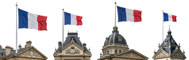 Obraz premium French flags waving atop historical buildings on transparent background 