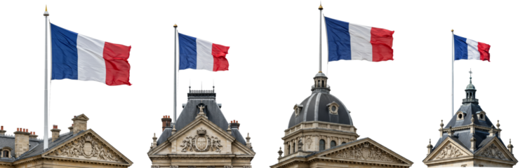 French flags waving atop historical buildings on transparent background  