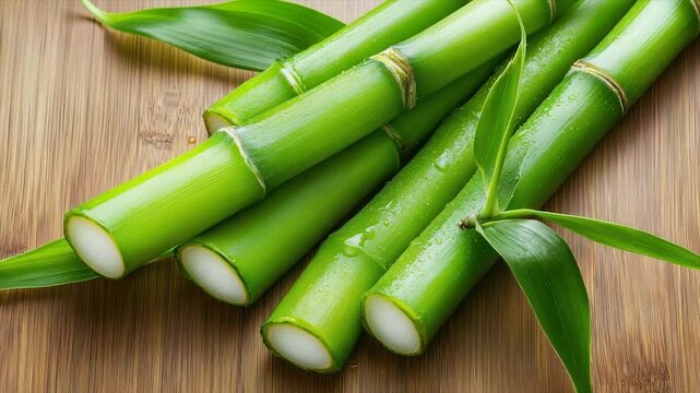 Fresh, vibrant green bamboo stalks and leaves on a wooden surface