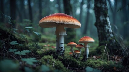 A beautiful mushroom grows in the forest thicket.