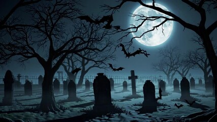 spooky scary night view of cemetery under full moon with bats flying over the graves. graveyard scene. happy halloween video backgrounds. Seamless looping animated background - Powered by Adobe
