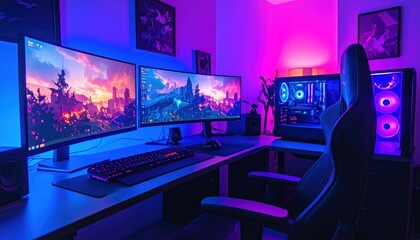A vibrant gaming setup featuring dual monitors, RGB lighting, and an ergonomic chair, perfect for enthusiasts.
