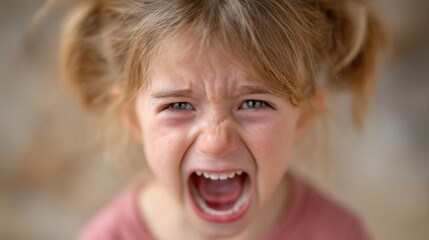 A young girl expressing intense emotions through a loud scream, capturing raw feelings and childhood angst.