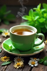 Aromatic Green Herbal Tea with Mint and Chamomile on Rustic Wood Wellness, Relaxation, and Tranquility