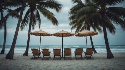Chairs and parasol with palm trees on the beach