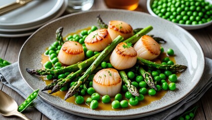A Delicious Dinner Of Roasted Scallops, Asparagus And Green Peas with Empty Copy Space For Text