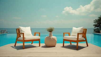 Simple wooden chair design with soft white cushions for sitting and relaxing by the pool, featuring empty space for text.