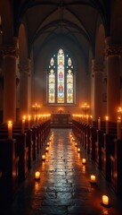 Candlelit Church Interior Peaceful Evening Atmosphere of Faith and Tranquility