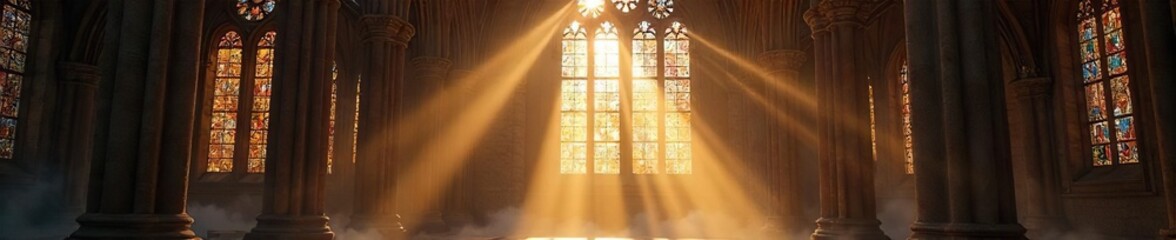Sunbeams Dance in Cathedral Stained Glass, Illuminating Dust Motes in Peaceful Tranquility.  Ancient stone architecture, religious worship, gospel, spiritual serenity.