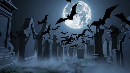 spooky scary night view of cemetery under full moon with bats flying over the graves. graveyard scene. happy halloween video backgrounds. Seamless looping animated background - Powered by Adobe