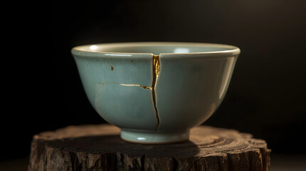 Kintsugi bowl with gold crack repair on wood