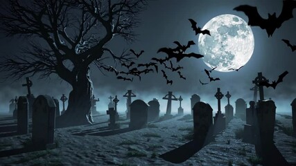 spooky scary night view of cemetery under full moon with bats flying over the graves. graveyard scene. happy halloween video backgrounds. Seamless looping animated background - Powered by Adobe