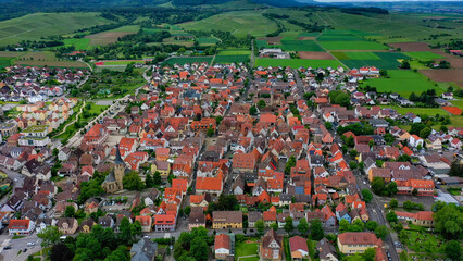 Aerial panoramic view of the city Bönnigheim in Germany on a cloudy noon in spring. 