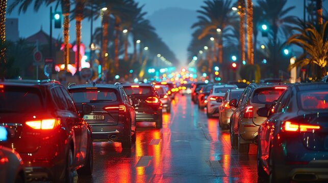 Congested city street, wet from rain, filled with cars at twilight - Powered by Adobe