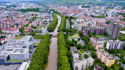 Aerial panoramic view of the city Heilbronn in Germany on a cloudy noon in spring. 