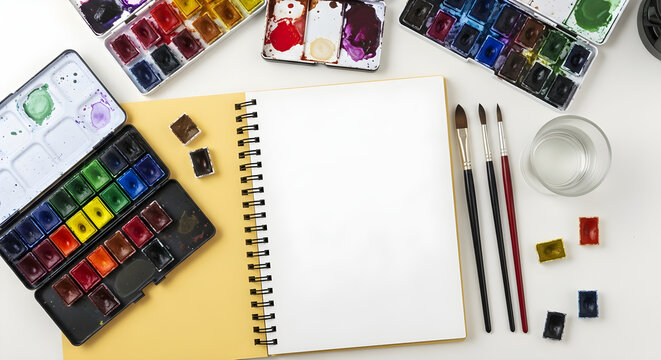 Watercolor paints and notebook for painting, top view