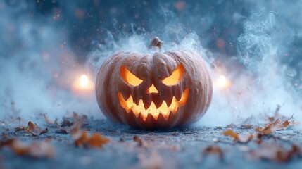 Naklejka premium Glowing Jack O Lantern with Evil Face in Mysterious Fog