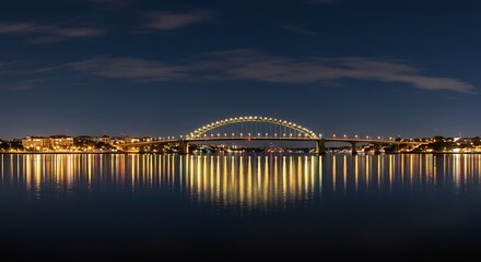 Golden-lit bridge reflected on water