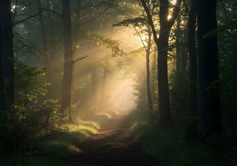 Obraz premium Misty Forest Trail in Early Morning