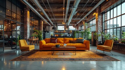 Loft apartment, modern decor, mustard sofa. Brick walls and green plants. Airy and spacious