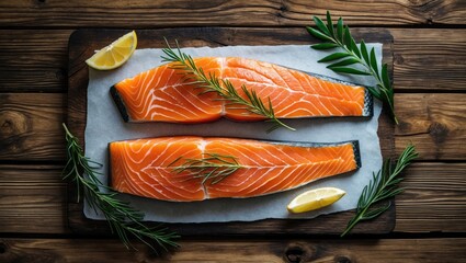 Overhead shot of fresh raw salmon fillet with lemon wedges and herbs on wooden background, top view, with empty copy space for text