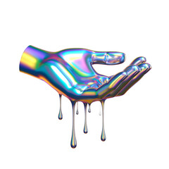 Abstract holographic hand dripping liquid on black background