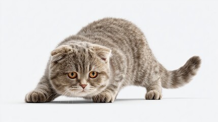 Playful Scottish Fold Kitten in Crouching Pose on White Background