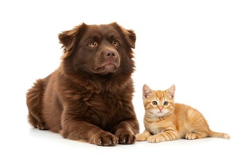 Obraz premium Adorable Brown Dog and Orange Kitten Laying Side by Side. Generative Ai
