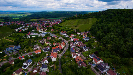 Aerial panoramic view of the city Sternenfels in Germany on a cloudy noon in spring.