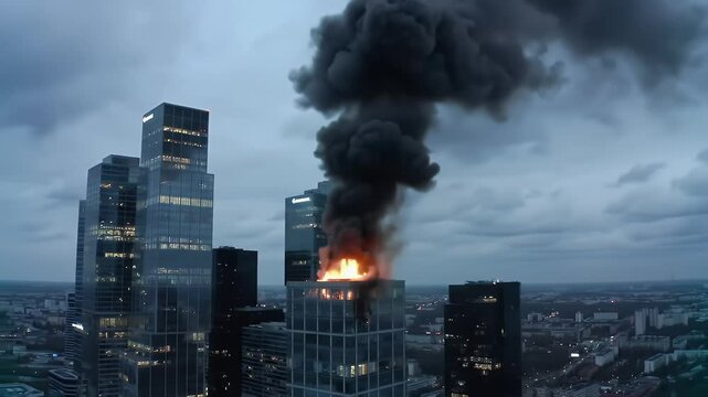 Dramatic Urban Fire Black Smoke Over Modern Glass Buildings Cityscape