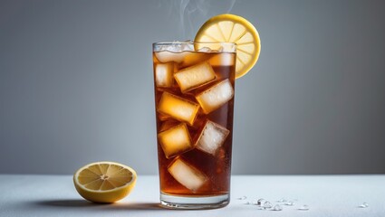 A tall glass filled with iced tea garnished with a lemon slice sits on a white background, offering a refreshing drink option.