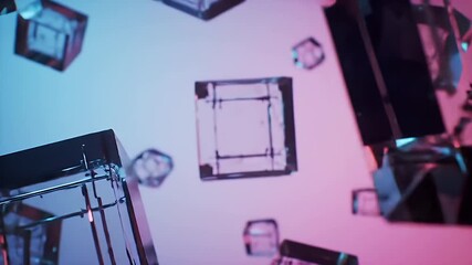 Floating Transparent Cubes with Pink and Blue Neon Lights Geometric Structures and Modern Design Elements - Powered by Adobe