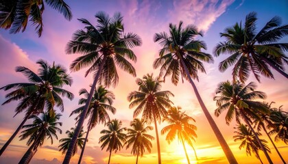 Stunning sunset over palm trees with vibrant hues of purple, orange, and pink filling the sky.