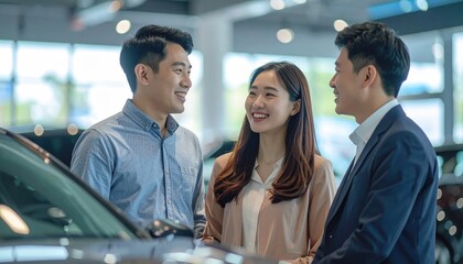 Obraz premium Three professionals discuss options in a car showroom, showcasing collaboration and communication in a modern setting.