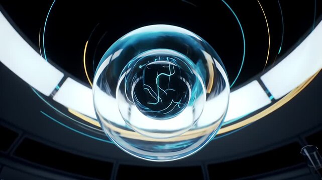 Futuristic Blue Orb with Geometric Radiating Lines in a Circular Tech Environment