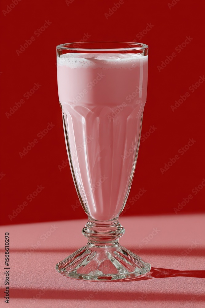 Aufkleber elegant tall glass filled with pink milkshake or smoothie on a reflective surface with vibrant red b