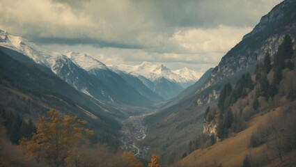 Fototapeta premium View of the mountains on a cloudy day with empty space for text.
