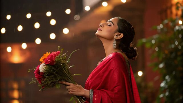 Woman in Red Saree Celebrating Teej Festival