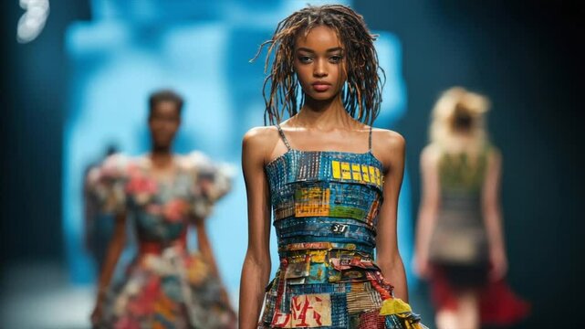 Fashion model showcasing a vibrant, eclectic design